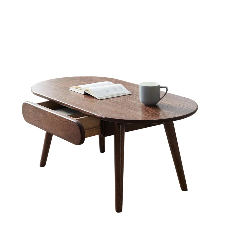 Compact Coffee Table with Storage Drawers and Rounded Edges, Sturdy Center Table with Handle-Free Design, 39.5″ L x 22″ W x 16.5″ H, Oak