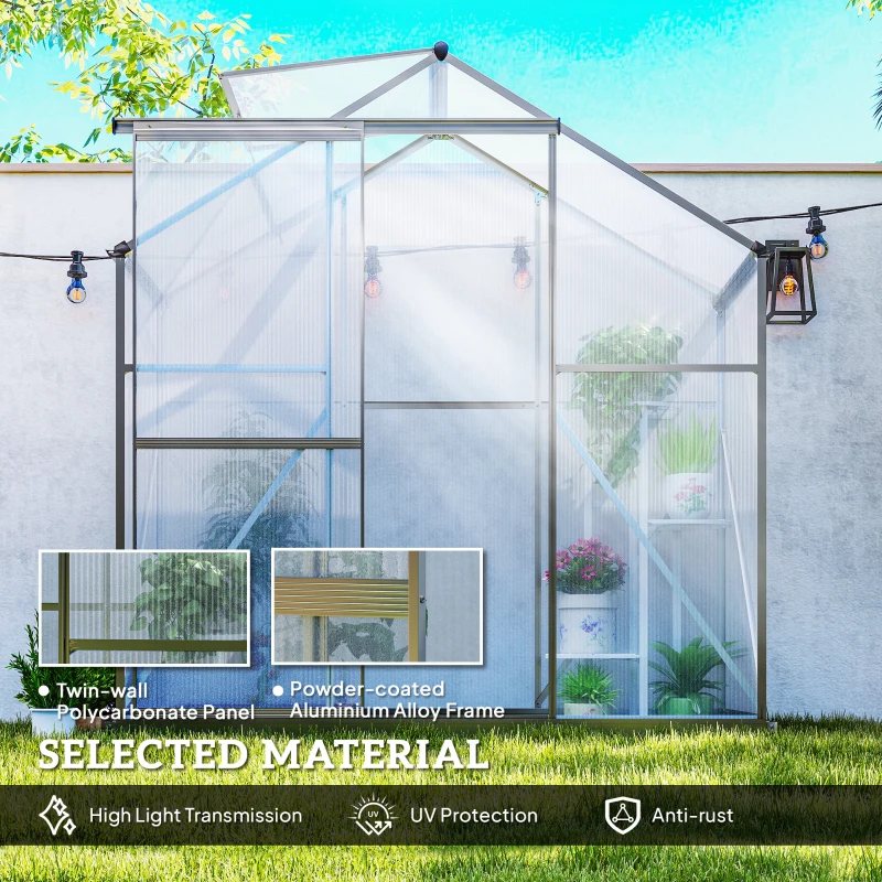 Outsunny 6' x 2.5' Walk-in Polycarbonate Greenhouse Aluminium Green House with Sliding Door, 5-Level Roof Vent, Rain Gutter