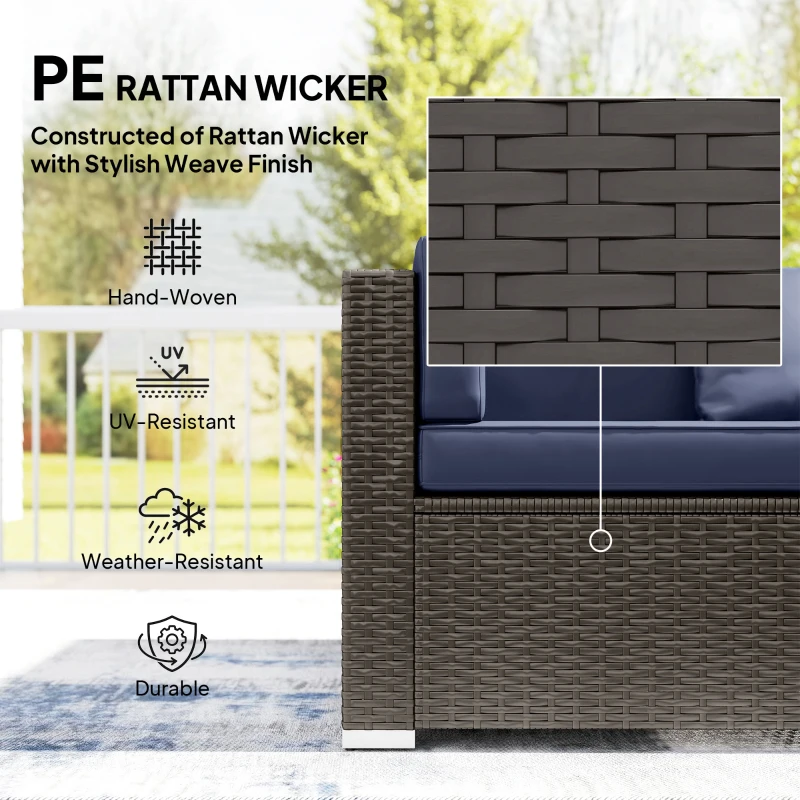 Outsunny 7pc Garden Wicker Sectional Set w/ Tea Table Patio Rattan Lounge Sofa Outdoor Deck Furniture Navy Blue
