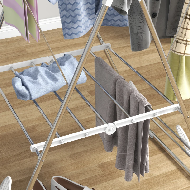 HOMCOM Clothes Drying Rack, 2-Tier Stainless Steel Foldable Laundry Rack with Adjustable Wings and Shoe Holders, Silver