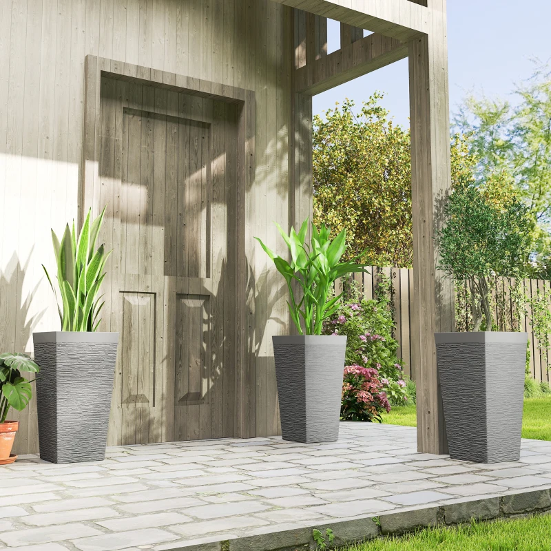 Outsunny 22.8 Inch Set of 3 Outdoor Planters with Stone Finish and Wheels, Stackable Tapered Planters with Drainage Hole, Gray