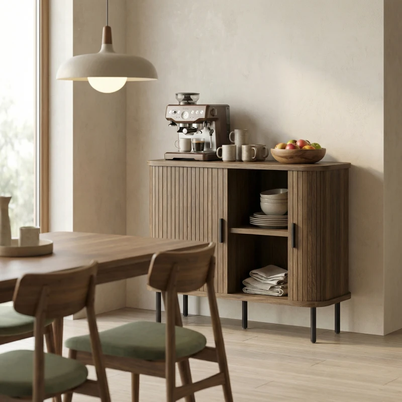 HOMCOM 35.4" Sideboard Buffet Cabinet with Storage, Nordic Coffee Bar Cabinet with Slatted Tambour Doors and Metal Legs, Walnut