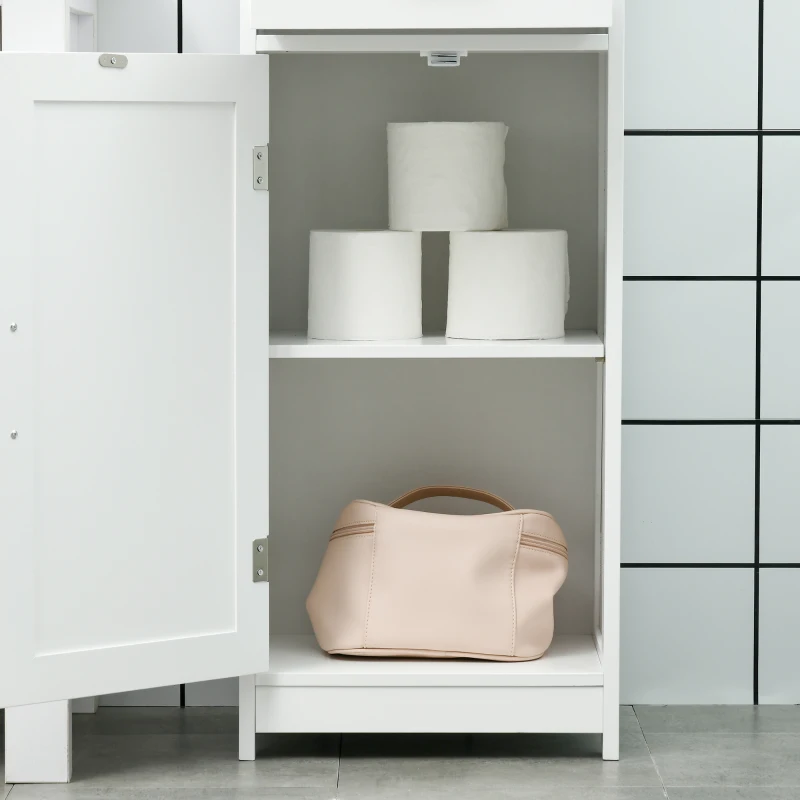 kleankin Modern Bathroom Cabinet, Narrow Bathroom Vanities with Open Shelf Drawer Recessed Doors and Adjustable Shelves White