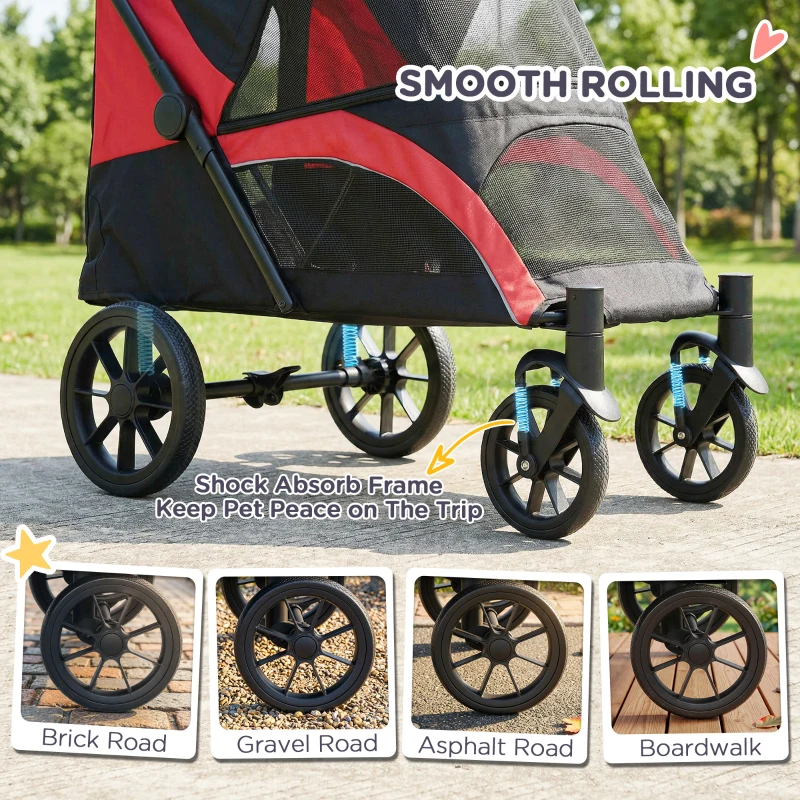 PawHut Foldable Pet Stroller for Large Dogs with Four Big Wheels, Shock-Absorbing Frame, Safety Leashes, Brakes, Black