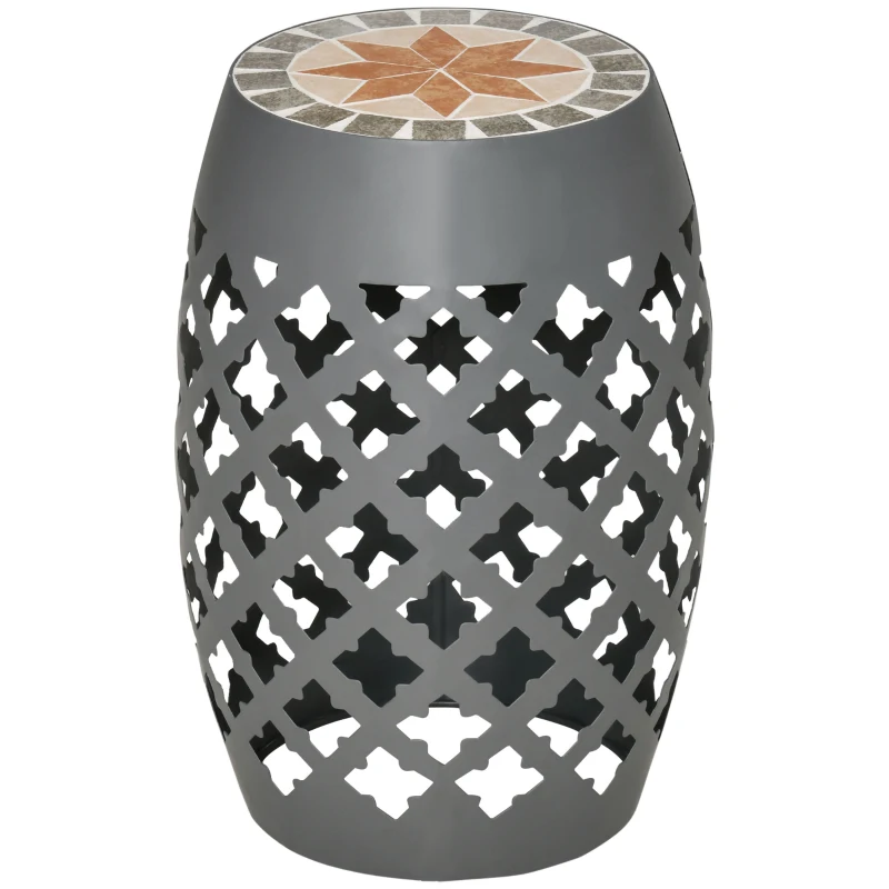 Outsunny Decorative Outdoor Stool, 12" Round Patio Side Table, Mosaic Accent Plant Stand for Garden, Balcony, Gray