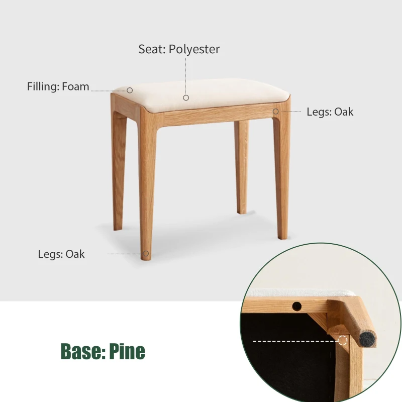 Solid Stool with Stain-Resistant Fabric & High-Density Foam, Space-Saving Bench for Vanity or Bedroom, 16.5″ L x 12″ W x 16.5″ H, Natural