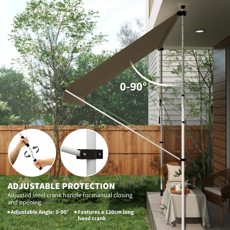 Outsunny 10x5ft Manual Retractable Awning, Patio Sun Shade Canopy Shelter with 5.6-9.2ft Support Pole, Water Resistant UV Protector, for Window, Door, Porch, Deck, Beige