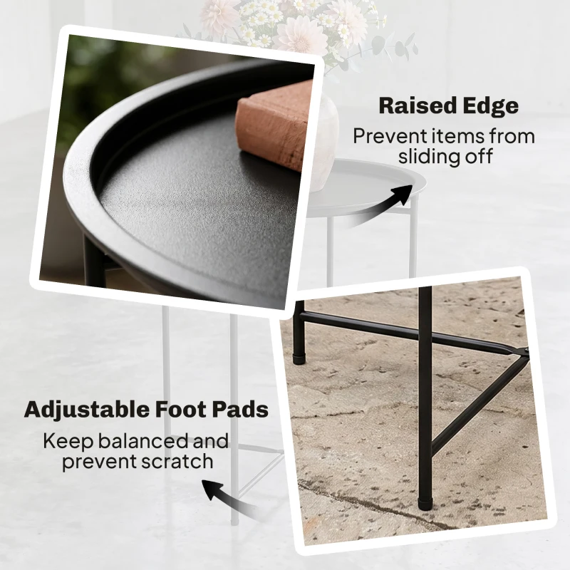 Outsunny 18" Outdoor Side Table with Removable Tray and Folding Legs, Indoor Outdoor for Balcony, Porch, Black