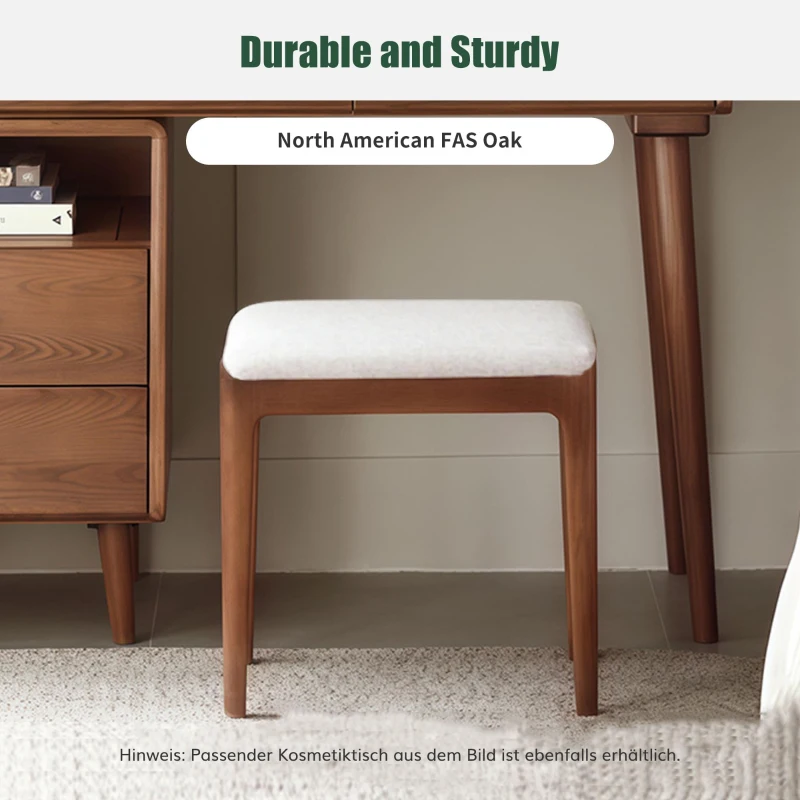 Solid Bedroom Vanity Stool with 2.5" Thick High-Density Foam, Cushioned Seat for Entryway or Bedroom, 16.5″ L x 12″ W x 16.5″ H, Natural