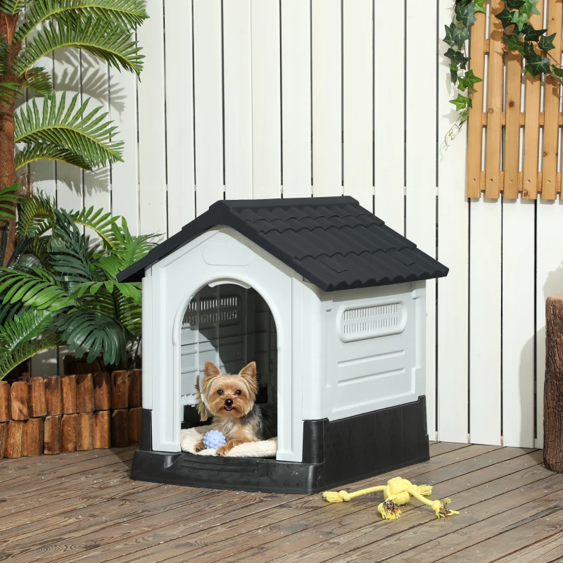 PawHut Outside Dog Kennel House with Windows, Base Support, for Garden Patio, Miniature Dogs, 64.5 x 57 x 66cm, Dark Grey