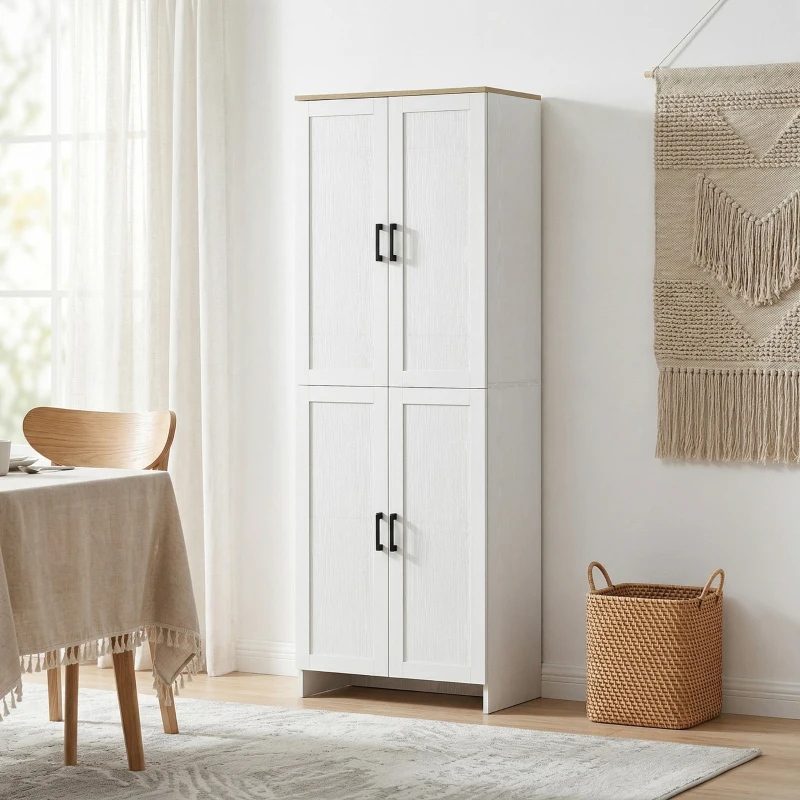 HOMCOM 67" 4-Door Kitchen Pantry Cabinet, Freestanding Storage Cabinet Cupboard with Adjustable Shelves, White