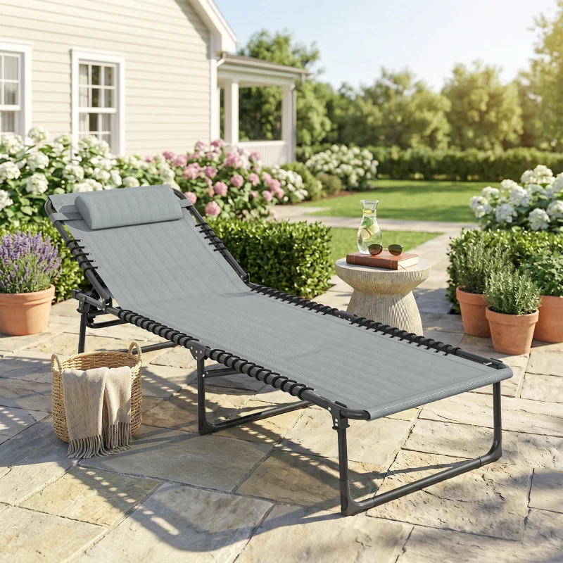 Outsunny Folding Lounge Chair, Adjustable Chaise Lounge with Headrest, Reclining Lounger Cot for Camping, Hiking, Light Grey