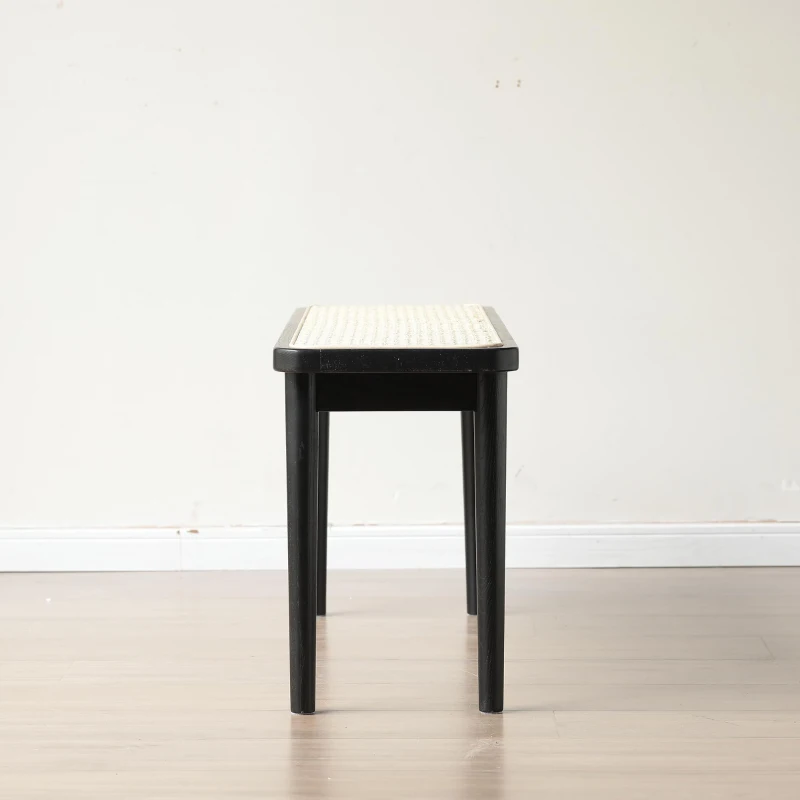 Modern Solid Oak Wood Bench with Handwoven Rattan Seat, Versatile Dining Stool with Sturdy Rounded Legs, 39.5″ L x 11″ W x 17″ H, Black