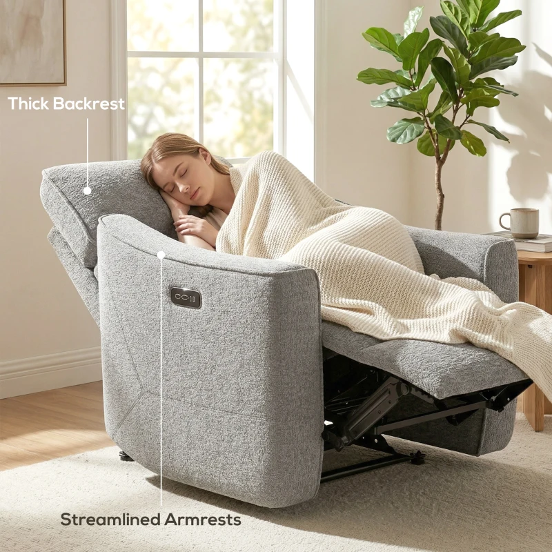 HOMCOM Power Recliner Chair, Chenille Upholstered Recliner Chair with USB Ports, Footrest, Grey