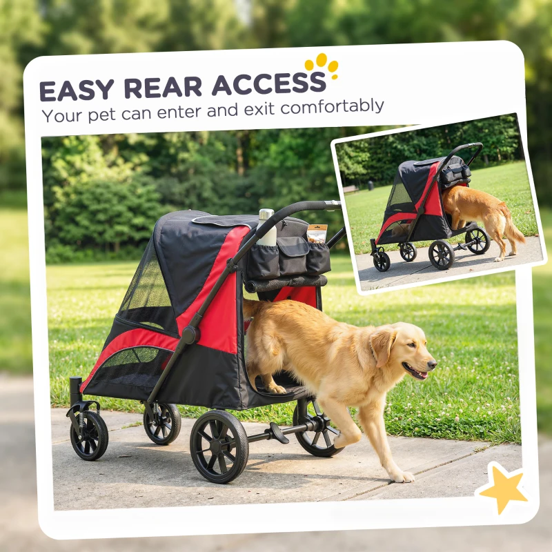 PawHut Foldable Pet Stroller for Large Dogs with Four Big Wheels, Shock-Absorbing Frame, Safety Leashes, Brakes, Black