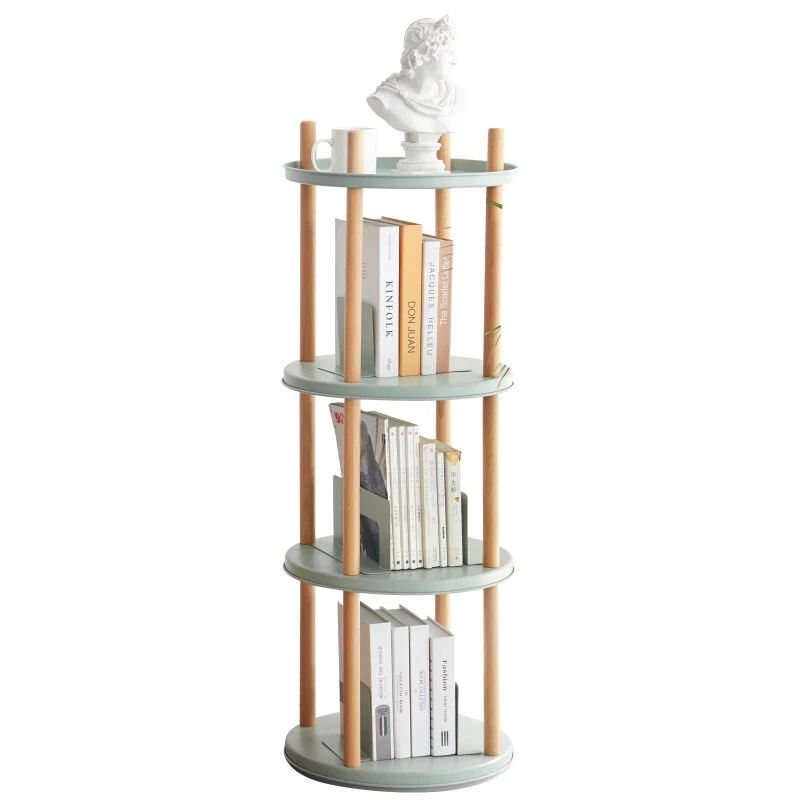 4-Tier Rotating Bookcase with Solid Beech Support Rod, Space-Saving Bookshelf with 6 Bookends, 16.5″ L x 16.5″ W x 33″ H, Blue