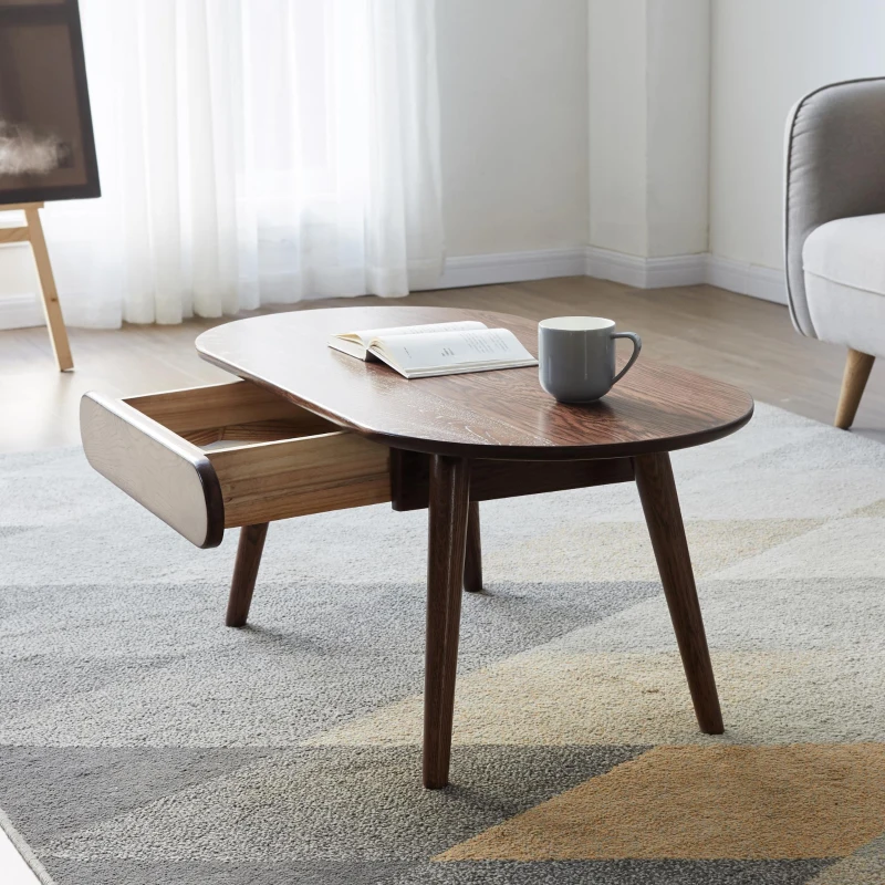Compact Coffee Table with Storage Drawers and Rounded Edges, Sturdy Center Table with Handle-Free Design, 39.5″ L x 22″ W x 16.5″ H, Oak