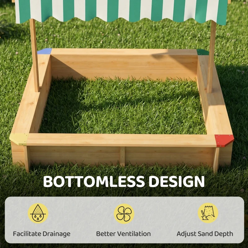 Outsunny Wooden Sandbox with Cover, Kids Sandbox Outdoor with Adjustable Canopy and Seats for Backyard, Beach, Light Brown