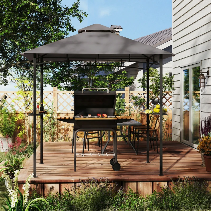 Outsunny 8' x 5' BBQ Grill Gazebo Tent with Double Tiered Canopy for Outdoor Sun Shade, Dark Grey