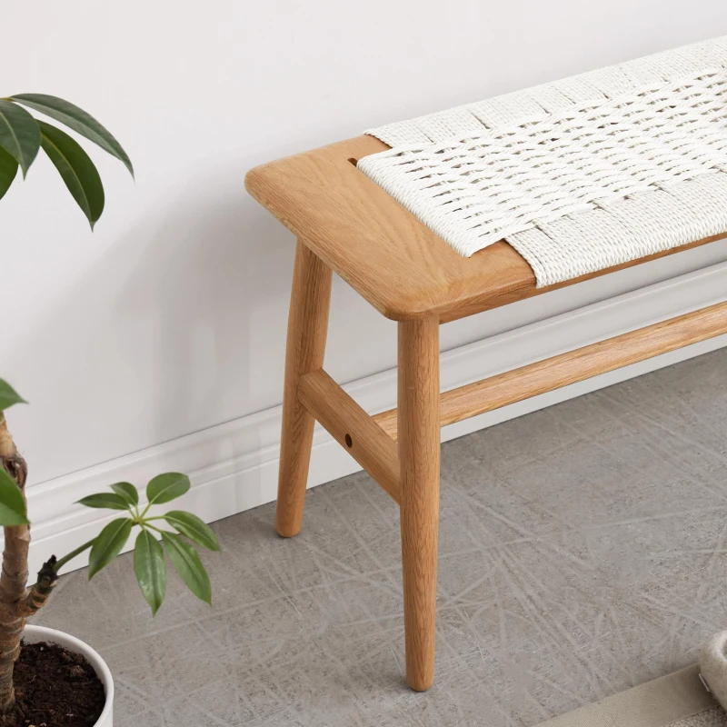 Solid Dining Bench with Handwoven Cane Seat, Versatile Wood Bench for Dining Room or Bedroom, 31.5″ L x 12″ W x 16″ H, White