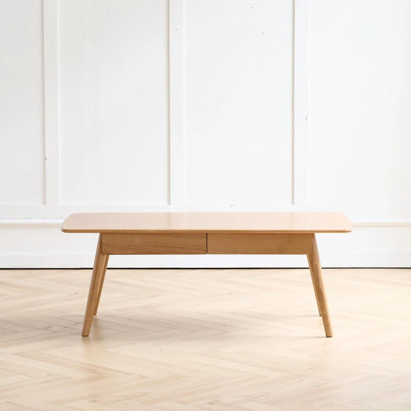 Solid Oak Coffee Table with 2-Drawer Storage and Open Shelf, Multi-Use Low Writing Desk for Modern Homes, 47″ L x 22″ W x 17.5″ H, Oak
