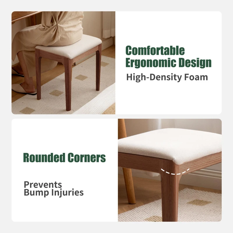 Solid Bedroom Vanity Stool with 2.5" Thick High-Density Foam, Cushioned Seat for Entryway or Bedroom, 16.5″ L x 12″ W x 16.5″ H, Natural