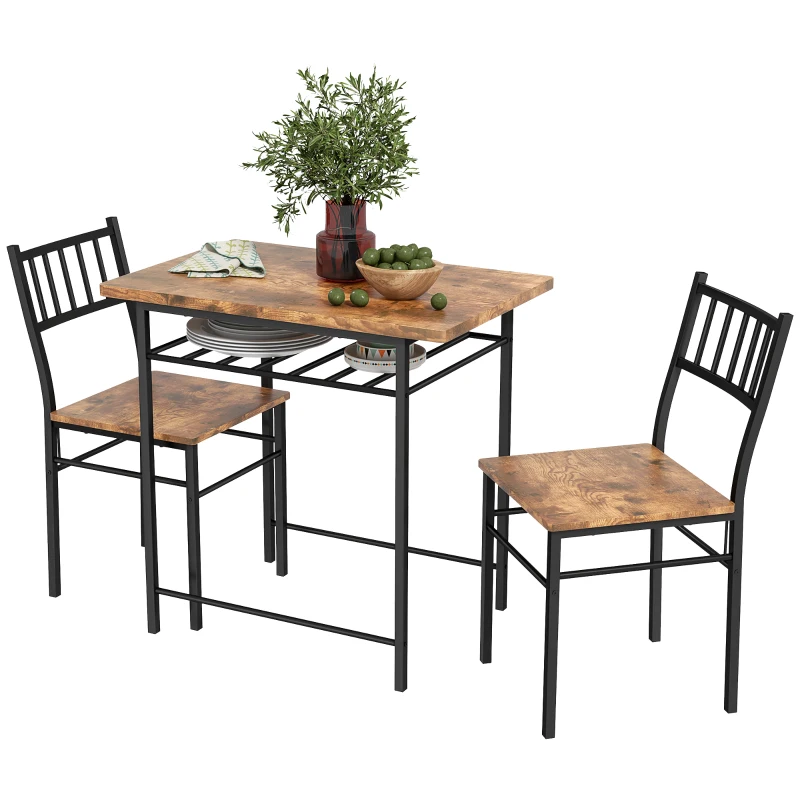 HOMCOM 3-Piece Small Dining Table Set for 2, Kitchen Table and Chairs with Storage Rack and Steel Frame, Brown