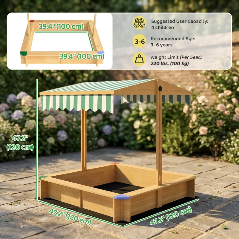 Outsunny Wooden Sandbox with Cover, Kids Sandbox Outdoor with Adjustable Canopy and Seats for Backyard, Beach, Light Brown