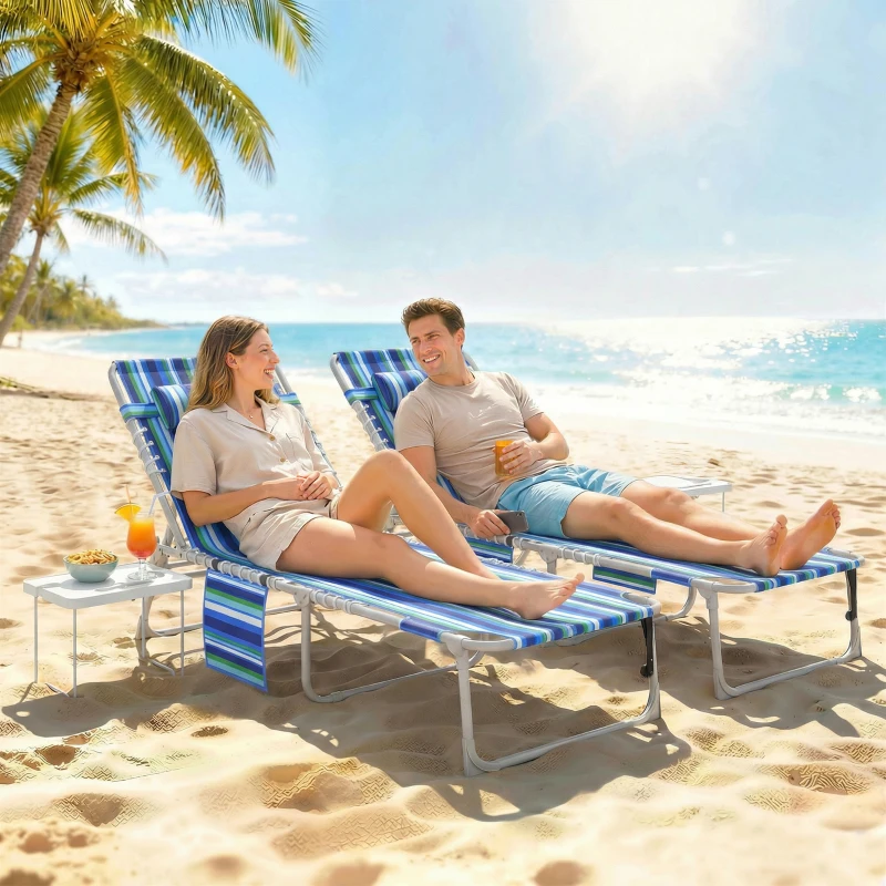 Outsunny Tanning Chair Set of 2 with Face Hole and Side Table, 5-Position Folding Outdoor Chaise Lounge Chair, Blue Stripe