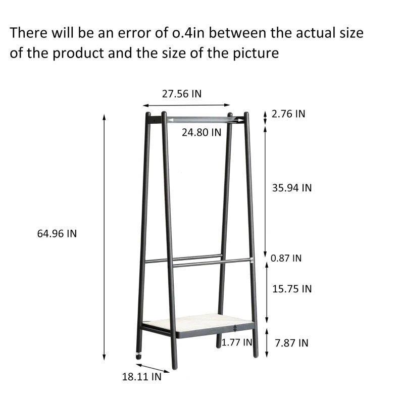 Solid Oak Clothes Rack with Handcrafted Rattan Hangers, Standing Garment Rack for Clothes, Bags & Shoes, 27.5″ L x 18″ W x 65″ H, Black