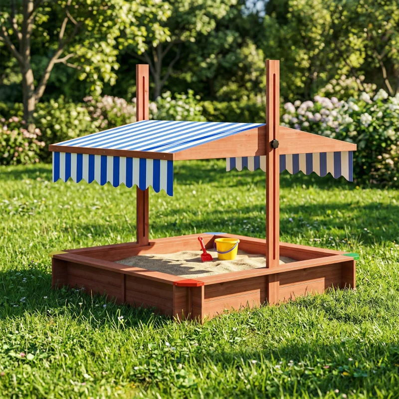 Outsunny Wooden Sandbox with Cover, Kids Sandbox Outdoor with Adjustable Canopy and Seats for Backyard, Beach, Dark Brown