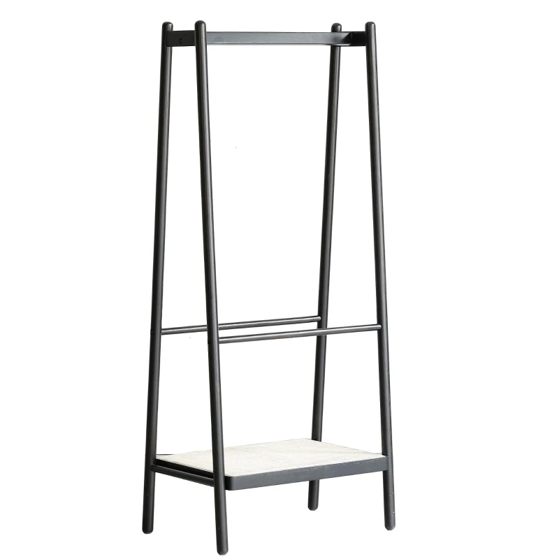 Solid Oak Clothes Rack with Handcrafted Rattan Hangers, Standing Garment Rack for Clothes, Bags & Shoes, 27.5″ L x 18″ W x 65″ H, Black