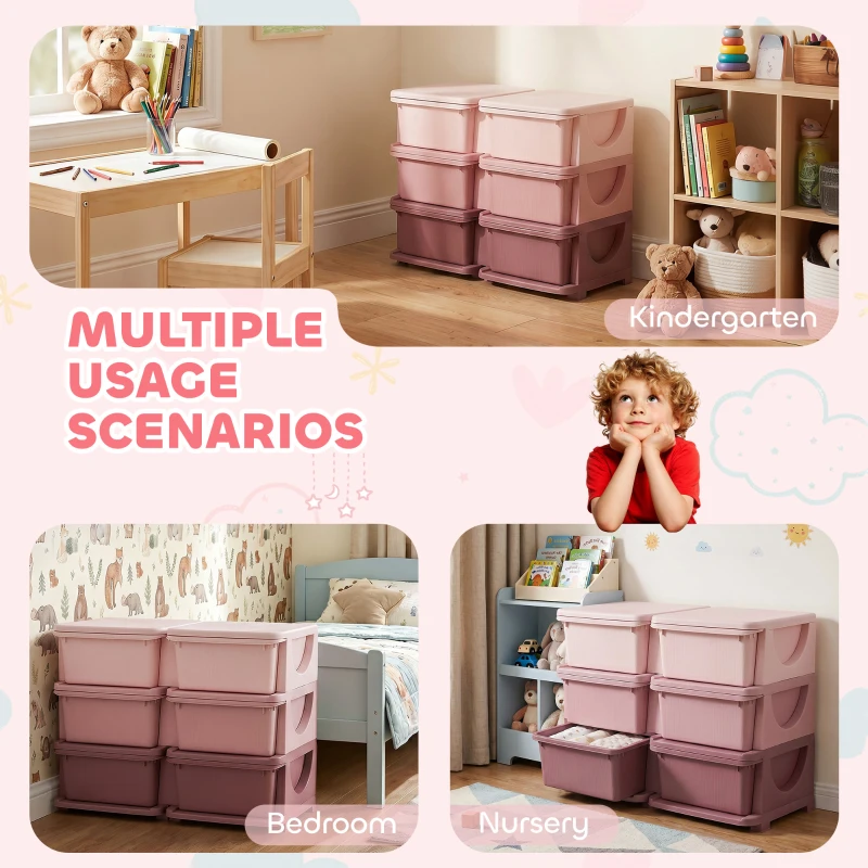 Qaba 3 Tier Kids Toy Organizer and Storage Bins with 6 Plastic Drawers, Pink