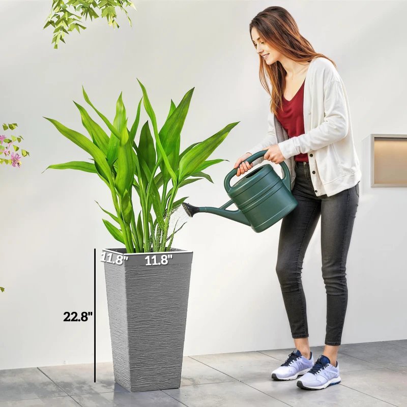 Outsunny 22.8 Inch Set of 3 Outdoor Planters with Stone Finish and Wheels, Stackable Tapered Planters with Drainage Hole, Gray