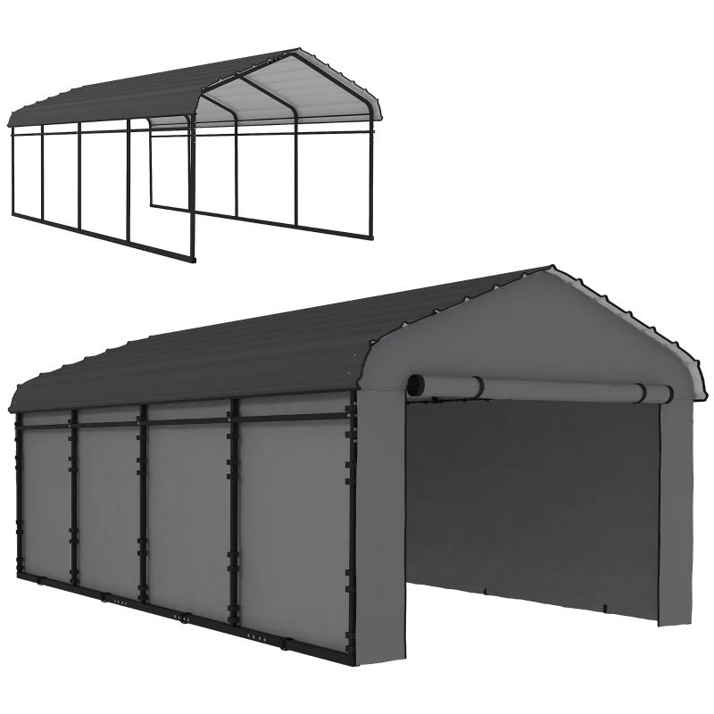 Outsunny 12' x 20' Metal Carport, Heavy Duty Garage Car Canopy with Galvanized Metal Roof and Removable Sidewalls, Dark Gray