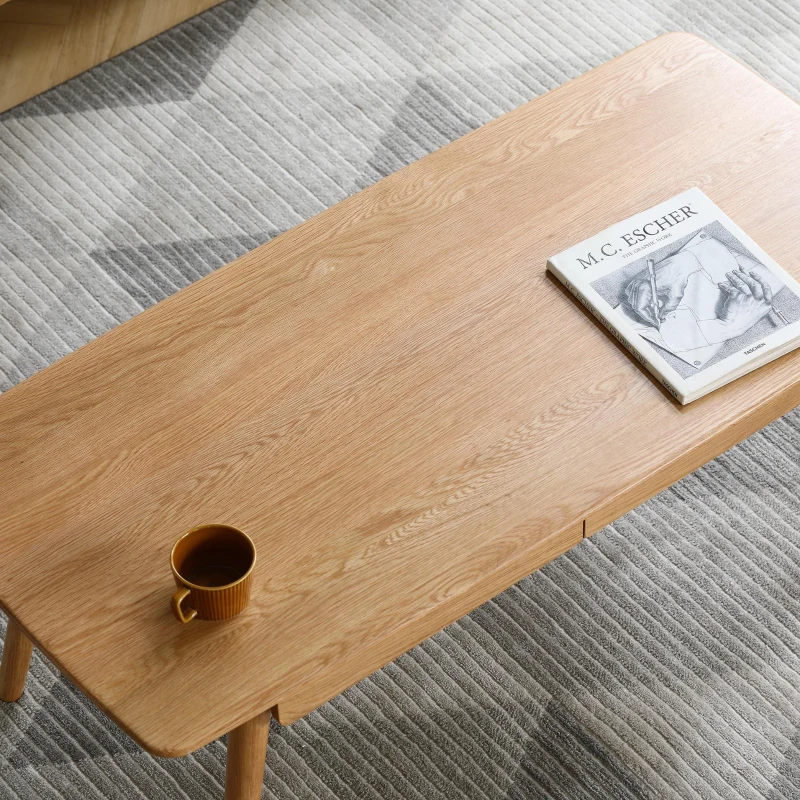 Modern Coffee Table with Mortise-and-Tenon Construction, Sturdy Center Table with Handy Lower Shelf, 39.5″ L x 19.5″ W x 17.5″ H, Oak