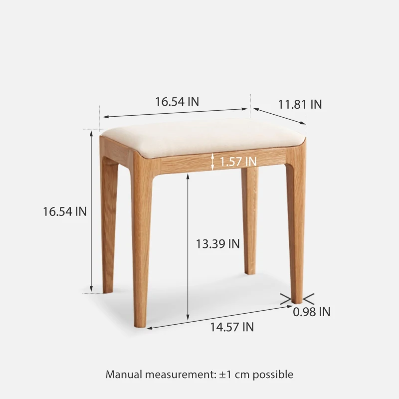 Solid Stool with Stain-Resistant Fabric & High-Density Foam, Space-Saving Bench for Vanity or Bedroom, 16.5″ L x 12″ W x 16.5″ H, Natural