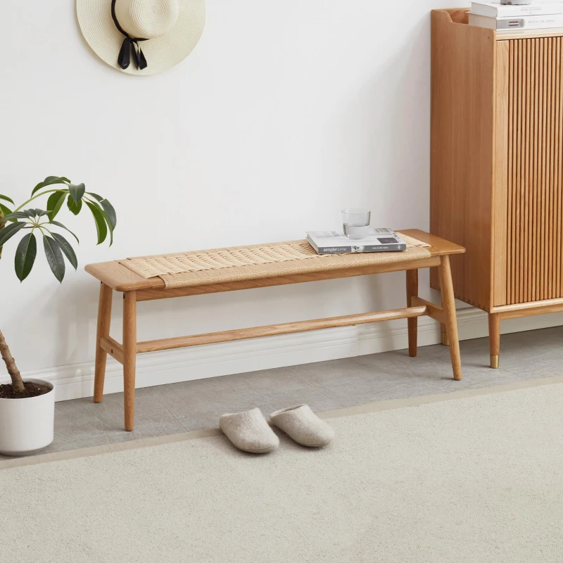 Solid Dining Bench with Handwoven Breathable Seat, Durable Wood Bench for Entryway or Dining, 43.5″ L x 12″ W x 16″ H, Oak