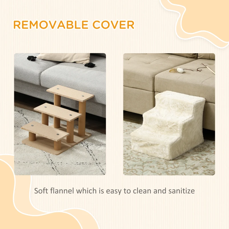 PawHut 3-Step Dog Ramp for Sofa, Bed, and Couch, Pet Steps Ladder with Removable Cover, Beige(m-5)
