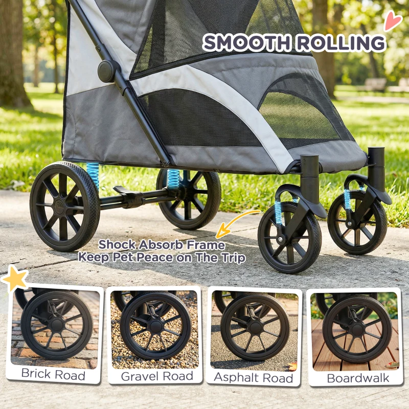 PawHut Foldable Pet Stroller for Large Dogs with Four Big Wheels, Shock-Absorbing Frame, Safety Leashes, Brakes, Dark Grey