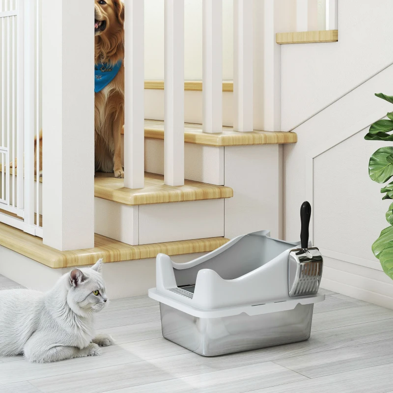 PawHut Cat Litter Box Stainless Steel with Metal Litter Scoop, Never Absorbs Odors, Anti Leakage, 17" x 13" x 10", Grey