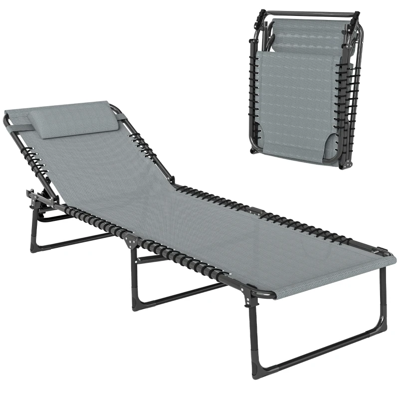 Outsunny Folding Lounge Chair, Adjustable Chaise Lounge with Headrest, Reclining Lounger Cot for Camping, Hiking, Light Grey