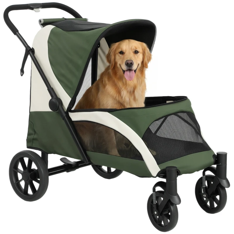 PawHut Foldable Pet Stroller for Large Dogs with Four Big Wheels, Shock-Absorbing Frame, Safety Leashes, Brakes, Dark Green