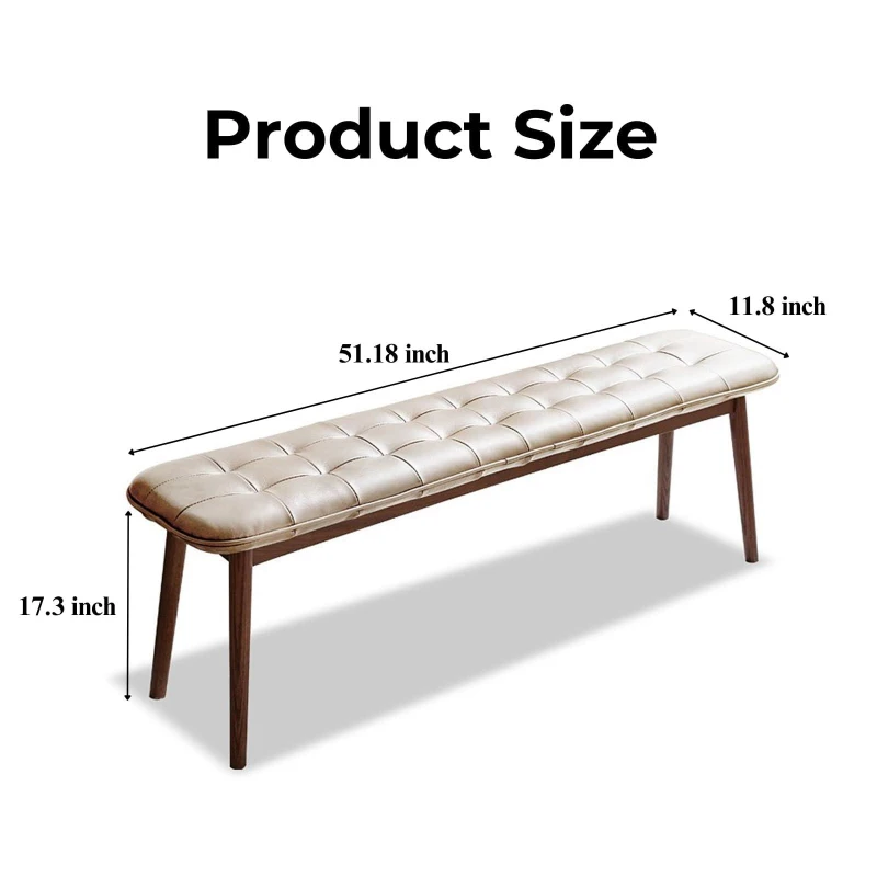 Solid Upholstered Dining Bench with Top-Grain Cowhide Leather Seat, Versatile Stool for Entryway, 51″ L x 12.5″ W x 17.5″ H, White+Walnut