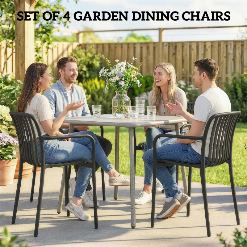 Outsunny Stackable Patio Chairs Set of 4, Outdoor Dining Chairs with Slatted Seat, Curved Backrest, Armrests, Black