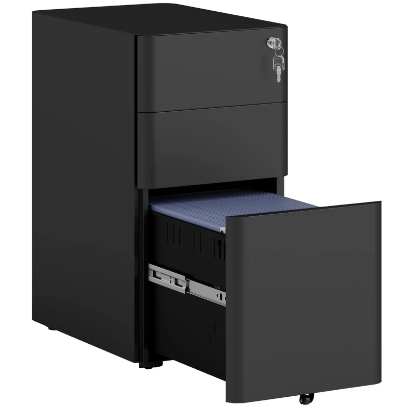 Vinsetto 3 Drawer Filing Cabinet, Lockable Steel Office Storage Cabinet with Hanging Bar for Letter, A4, Legal Files, Black
