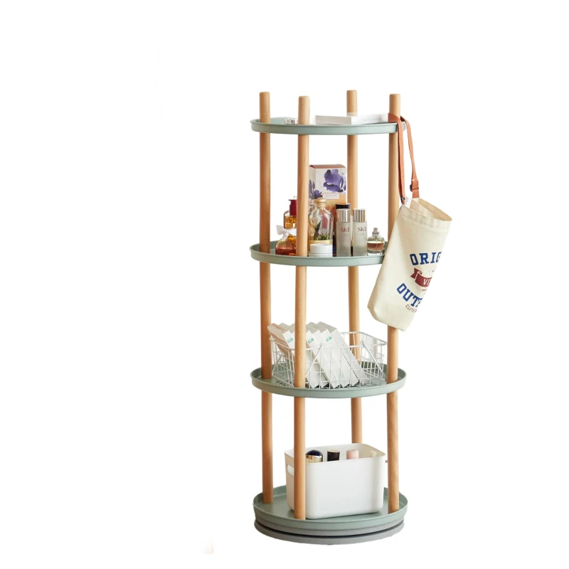 4-Tier Rotating Bookcase with Solid Beech Support Rod, Space-Saving Bookshelf with 6 Bookends, 16.5″ L x 16.5″ W x 33″ H, Blue