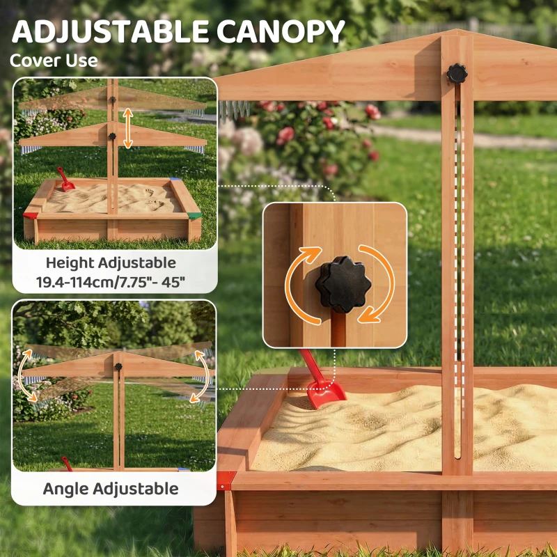 Outsunny Wooden Sandbox with Cover, Kids Sandbox Outdoor with Adjustable Canopy and Seats for Backyard, Beach, Dark Brown