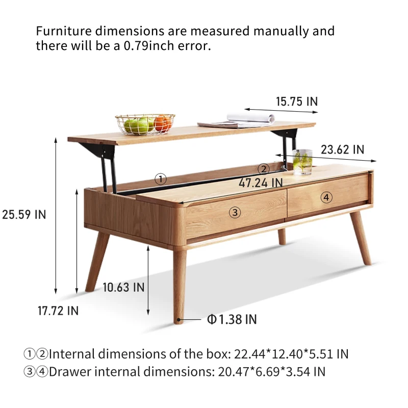 Solid Lift-Top Coffee Table with 3 Hidden Storage Compartments, Versatile Center Table for Living Areas, 47″ L x 25.5″ W x 17.5″ H, Natural Wood
