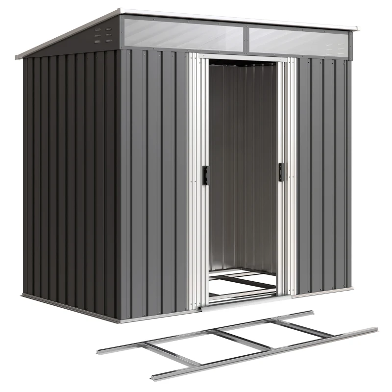 Outsunny 6.5x4FT Galvanised Metal Shed with Foundation Kit, Lockable Garden Tool Storage House with Sliding Doors, Vents, Grey